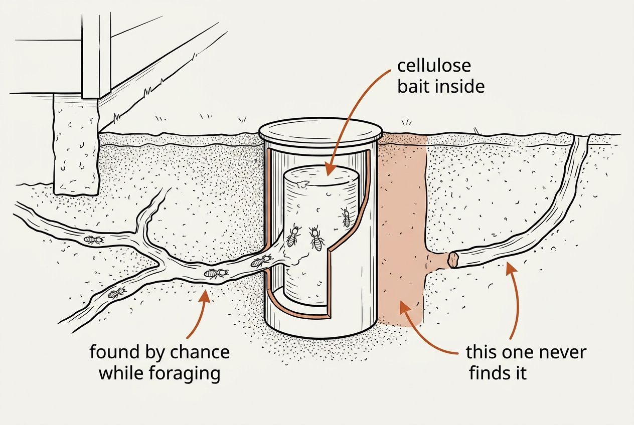 A cutaway line drawing of an in-ground bait station sunk into soil beside a house foundation, its lid flush with the surface. The station is cut open to show a cylinder of cellulose bait, with worker termites feeding inside it. A branching foraging tunnel arrives from the left and reaches the station. A second tunnel on the right stops well short, separated from the station by a band of undisturbed soil.