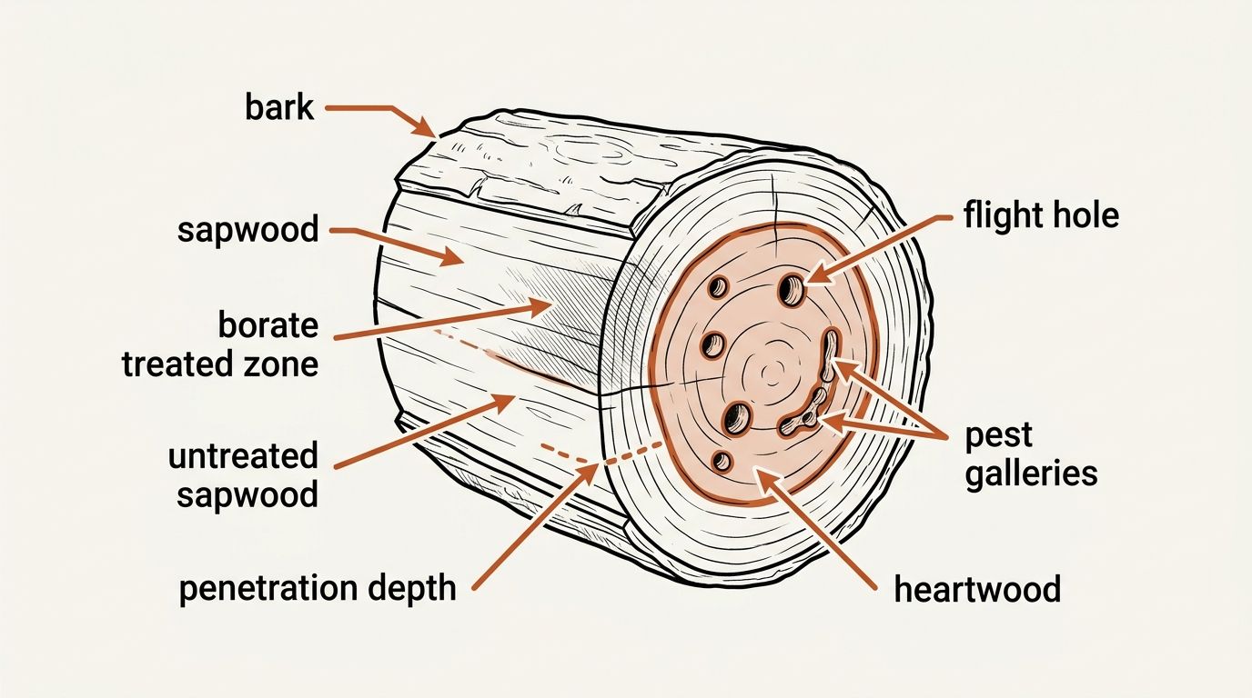 A log cross-section shows the borate-treated zone as a ring just beneath the bark and sapwood. The heartwood at the center, where pest galleries and a flight hole sit, stays outside that treated ring.