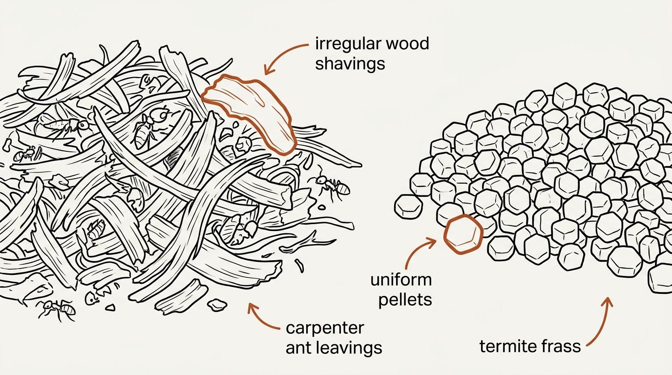 A labelled line drawing comparing two piles. On the left, carpenter ant leavings: long, coarse, stringy wood shavings of uneven size, tangled together with fragments of dead insects. On the right, a heap of pellets that are all much the same size and clearly six-sided, one of them outlined to show its shape.