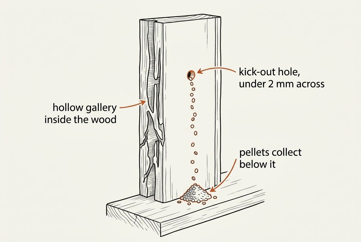 A labelled line drawing of a length of window trim standing on a sill, its near half cut away to show a branching hollow gallery running up inside the board. A small round hole is pierced through the face of the trim, and a thin trail of pellets falls from that hole to a small cone-shaped heap on the sill directly below it.