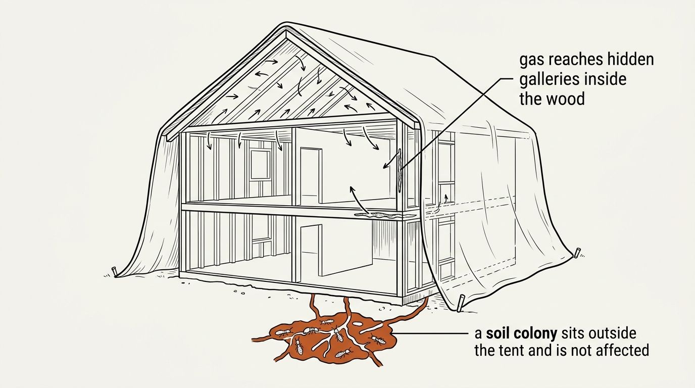 A cutaway line drawing of a house sealed under a fumigation tarpaulin that reaches the ground on both sides. Inside the sealed envelope, arrows show gas spreading through the roof space and into the wall timbers, reaching galleries hidden inside beams. Below ground level, outside the sealed tarpaulin, a termite colony sits in the soil with tunnels running toward the house, untouched.