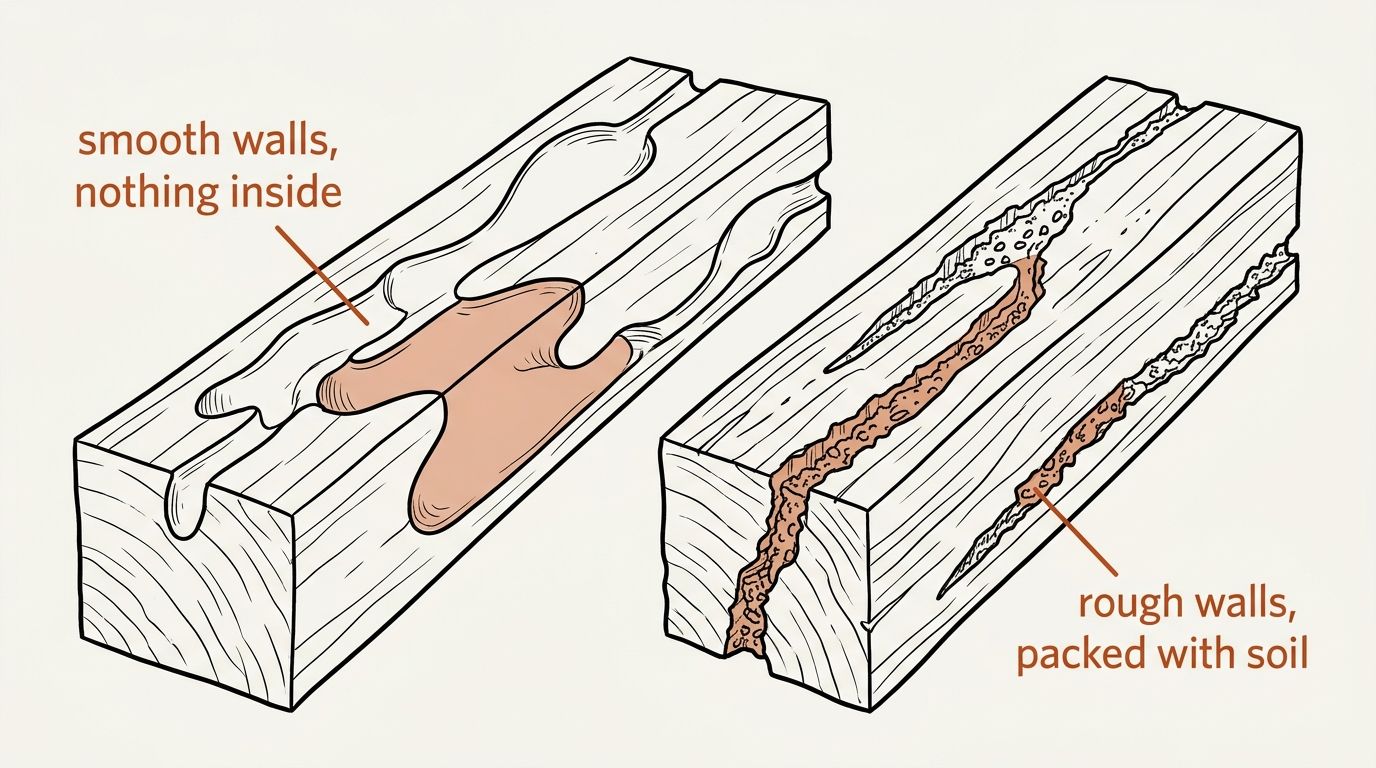 A labelled line drawing of two beams side by side, each cut open along its length. The left beam holds broad chambers with smooth, almost sanded walls and clean empty floors. The right beam holds narrower channels that follow the grain, their edges ragged and their length packed with granular soil and pellets.