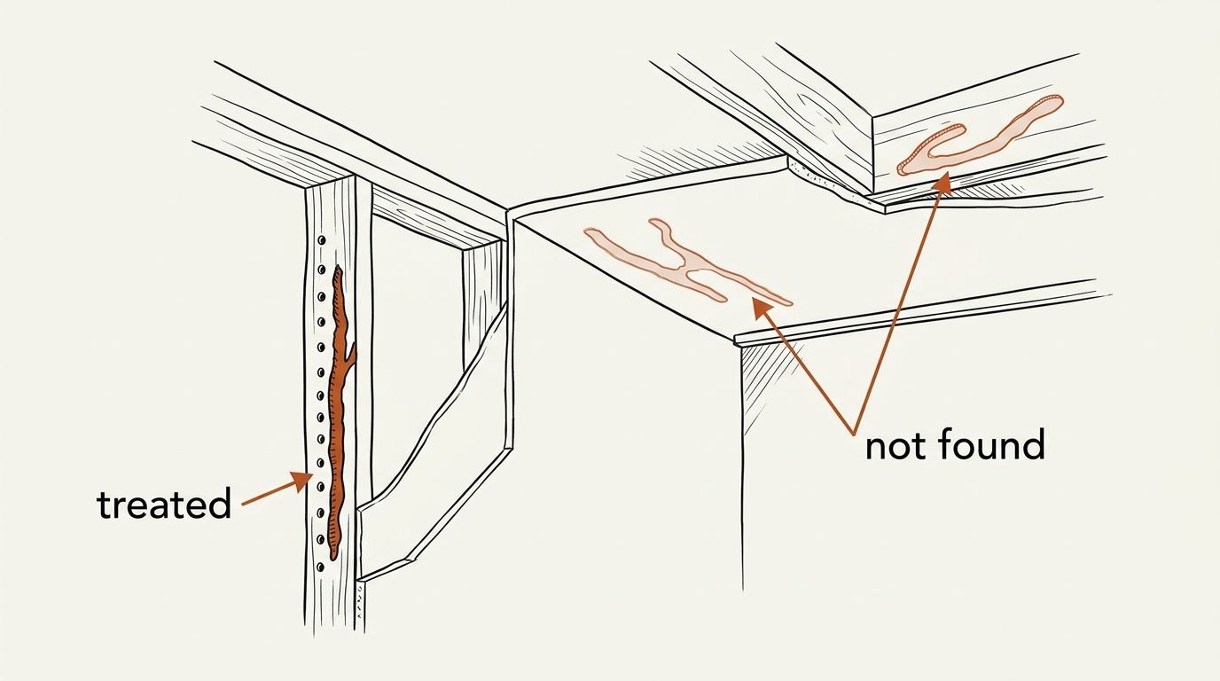 A cutaway line drawing through an interior wall and ceiling. On the left, the drywall is removed and one exposed stud carries a row of small drilled holes with a treated gallery inside it, marked treated. Elsewhere, behind intact wall covering and inside a ceiling joist, two more termite galleries run through the wood with no drill holes near them, marked not found.