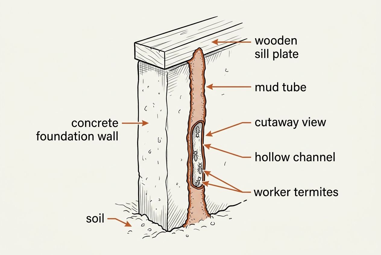 A labelled line drawing of a concrete foundation wall seen from the corner. A narrow earthen tube runs straight up the outside of the wall from the soil to the wooden sill plate resting on top. Part of the tube is cut away to show that it is hollow, with a few pale workers moving along the channel inside.