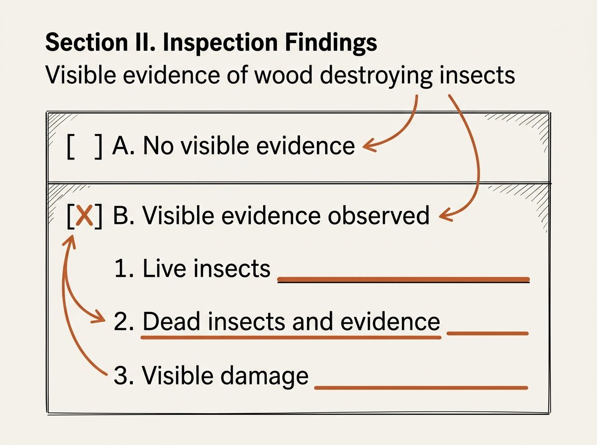 The Section II block of a wood destroying insect inspection report. Box A, no visible evidence, is unchecked. Box B, visible evidence observed, is checked, and three separately numbered write-in lines sit beneath it: live insects, dead insects and evidence, and visible damage.