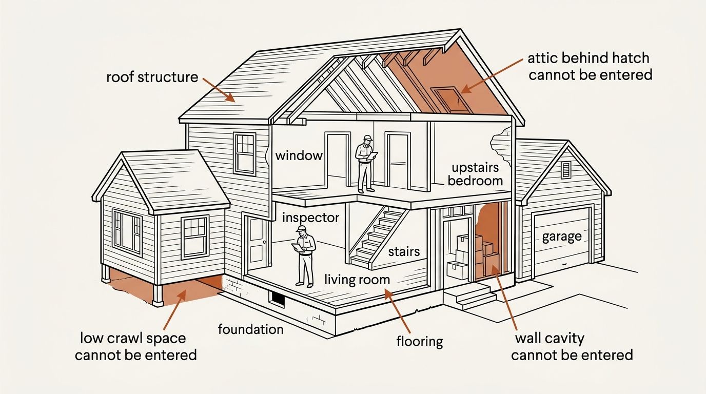 Cutaway of a house. The rooms an inspector can walk through are drawn in plain outline, and three areas are marked as impossible to enter: the low crawl space under one wing, the attic behind a small hatch, and a wall cavity behind stacked storage boxes.