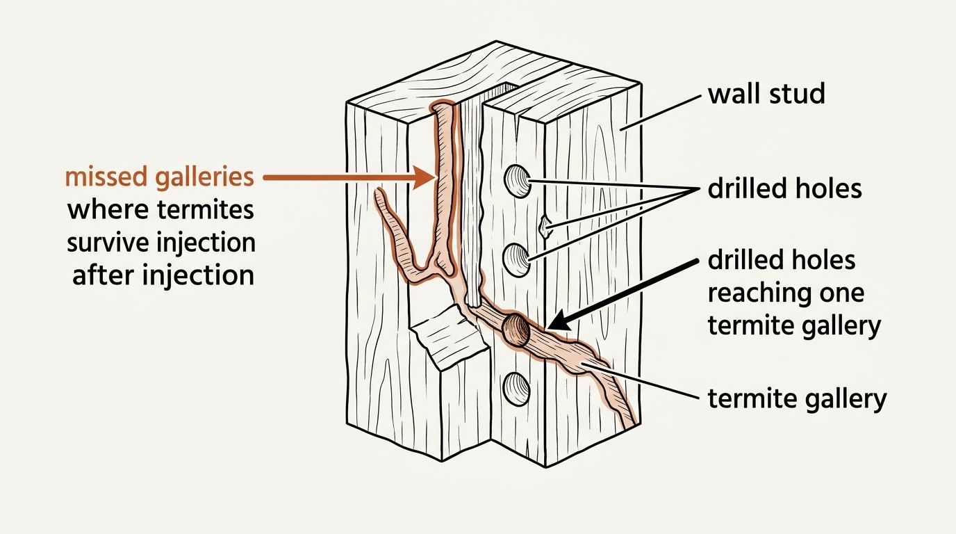 A wall stud is cut open to show a branching termite gallery running inside the wood. Drilled holes lead an injection into the lower branch, but an upper branch of the same gallery system, marked to stand out, runs on untouched.