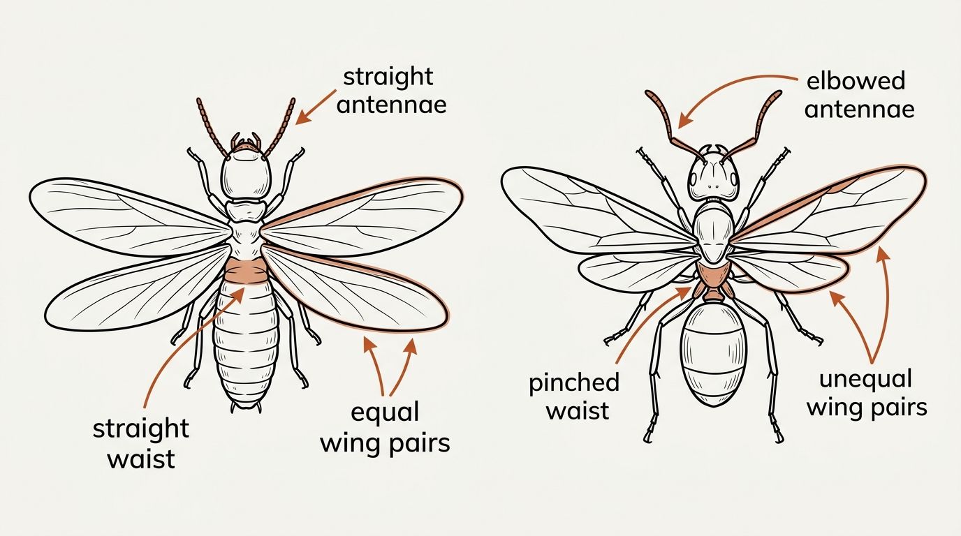 Two labelled line drawings side by side. The termite on the left has straight beaded antennae, a body of even width from thorax to abdomen, and four wings of the same size and shape. The ant on the right has antennae bent at a sharp elbow, a waist pinched to a narrow stalk, and forewings noticeably longer than its hindwings. Call-out arrows mark all three features on each insect.