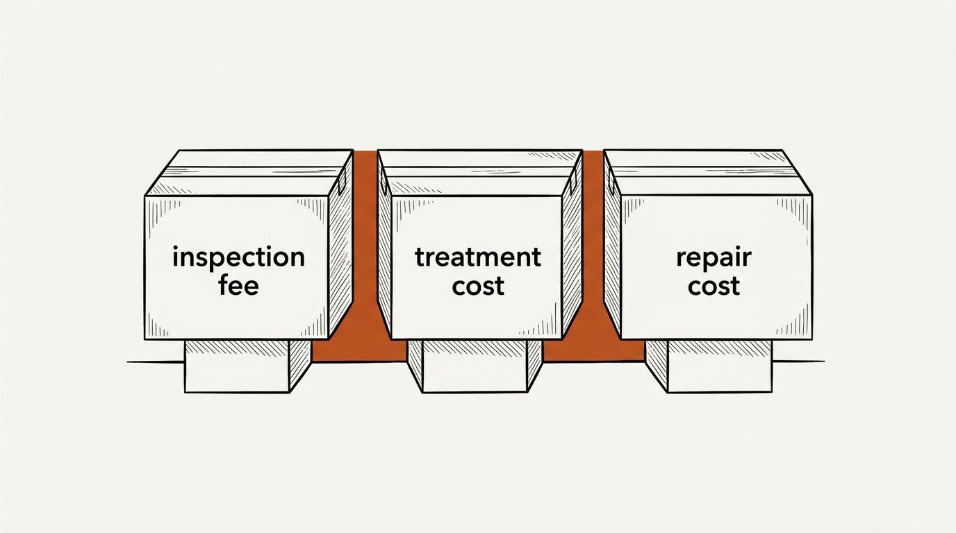 Three boxes sit in a row on separate short pedestals, labeled 'inspection fee,' 'treatment cost,' and 'repair cost.' A vertical band of rust orange fills the visible gap between each pair of boxes, showing that none of the three touches the others.