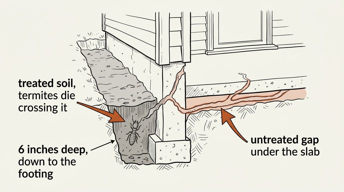 A cutaway line drawing through the ground at the edge of a house. On the left, a trench dug against the foundation down to the footing, the soil in it shaded to show the treated zone, with a termite tunnelling up into it. On the right, a concrete slab butts against the same foundation with untreated soil beneath it, and a termite tunnel runs under the slab and up into the wall without ever crossing the treated soil.