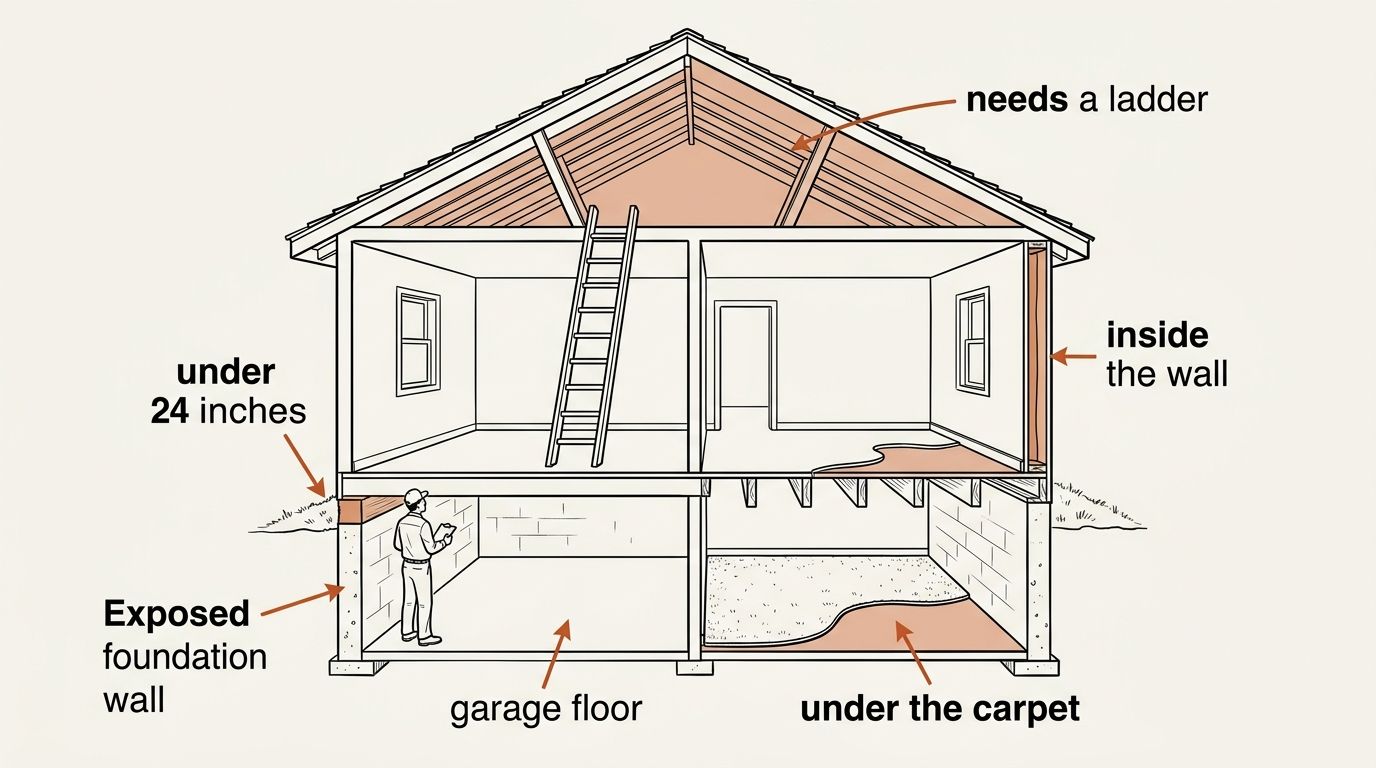 A cutaway line drawing of a house dividing it into the parts a termite inspection reaches and the parts it does not. An inspector stands at an exposed foundation wall, with the garage floor and exposed floor joists also plainly drawn. Four areas are picked out in color instead: an attic reached only by a ladder, a crawl space under 24 inches high, the hollow inside of a wall, and a floor beneath a fitted carpet.