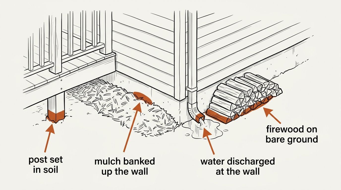 A labelled line drawing of the outside corner of a house at ground level, marking four points where wood or water meets the soil. A deck post runs straight down into bare dirt. Mulch is banked up the wall until it covers the bottom edge of the siding. A downspout empties into wet ground at the base of the foundation. A stack of firewood sits directly on the soil against the wall. The point where each one touches the ground is picked out in color.